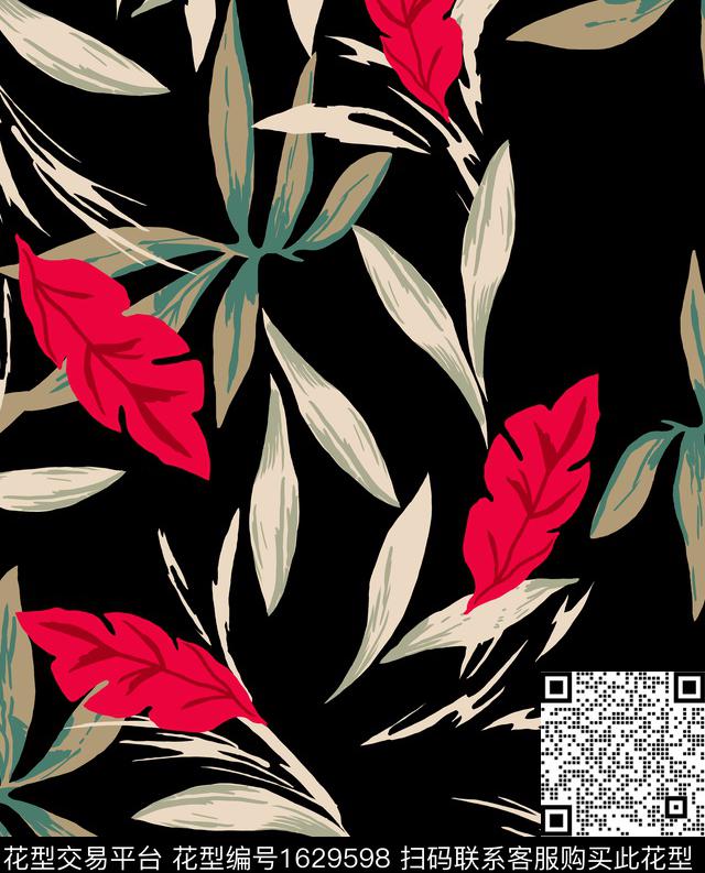 黑底叶子传统印花花型下载（图片编号: 1629598） - 瓦栏（Walan）