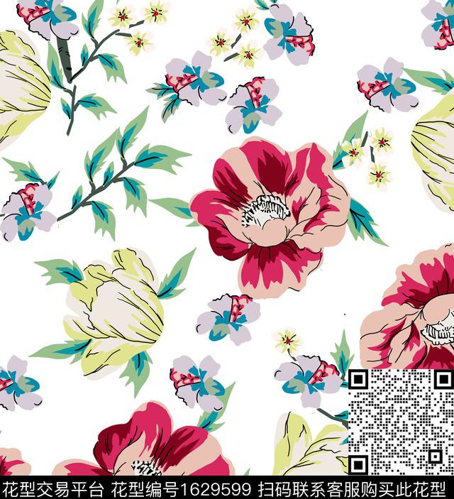 手绘简笔画花卉传统印花花型下载（图片编号: 1629599） - 瓦栏（Walan）
