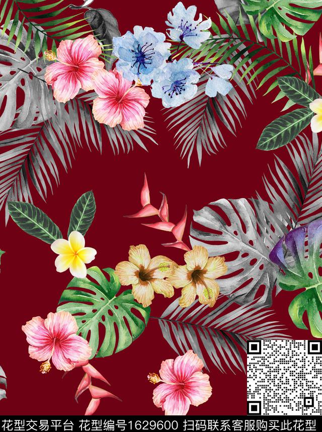 水彩热带龟背竹数码印花花型下载（图片编号: 1629600） - 瓦栏（Walan）
