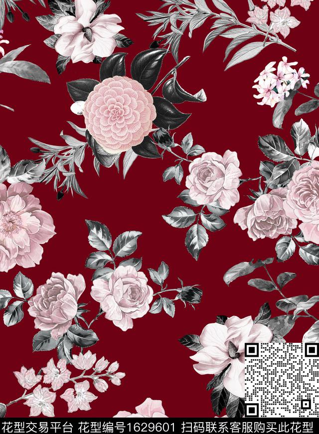 复古花卉深红色背景数码印花花型下载（图片编号: 1629601） - 瓦栏（Walan）