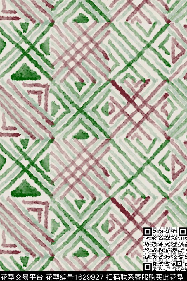 线条水彩复古数码印花花型下载（图片编号: 1629927） - 瓦栏（Walan）