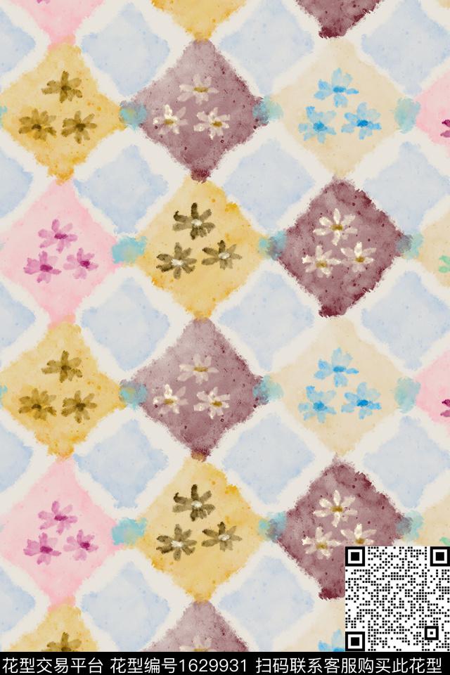 小碎花水彩格子数码印花花型下载（图片编号: 1629931） - 瓦栏（Walan）