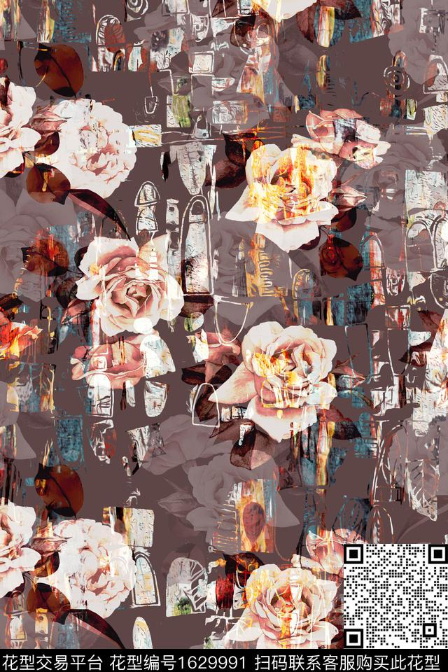 花卉中老年复古数码印花花型下载（图片编号: 1629991） - 瓦栏（Walan）