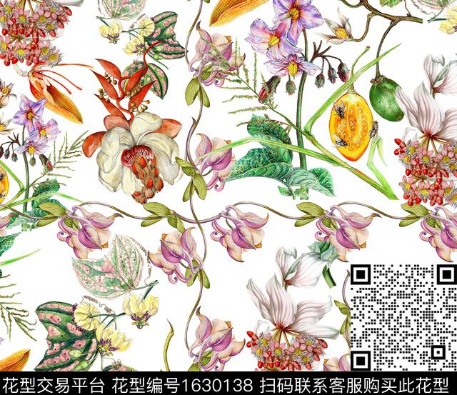 花卉白底花古典花卉数码印花花型下载（图片编号: 1630138） - 瓦栏（Walan）