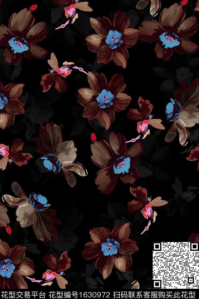 黑底花卉水彩花卉影花数码印花花型下载（图片编号: 1630972） - 瓦栏（Walan）