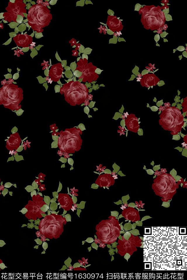 黑底花卉水彩花卉花卉数码印花花型下载（图片编号: 1630974） - 瓦栏（Walan）
