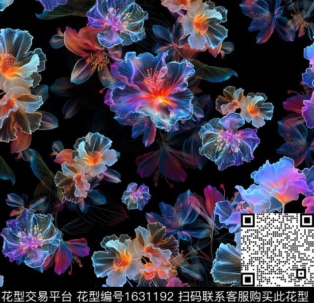 花卉黑底花卉透明花卉数码印花花型下载（图片编号: 1631192） - 瓦栏（Walan）