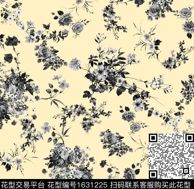 复古花卉黑白花卉数码印花花型下载（图片编号: 1631225） - 瓦栏（Walan）