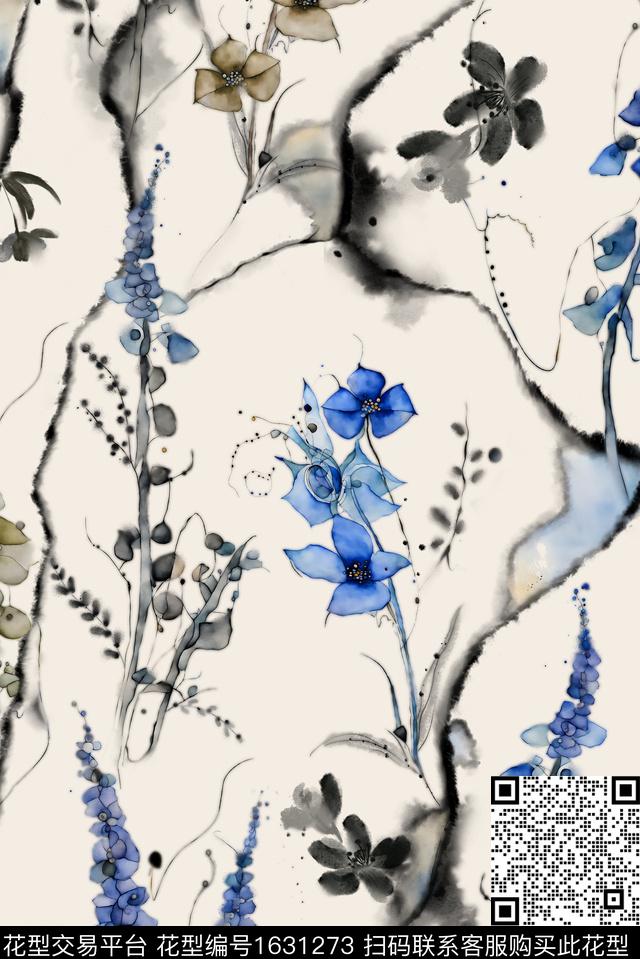 花卉水墨风水墨线条数码印花花型下载（图片编号: 1631273） - 瓦栏（Walan）