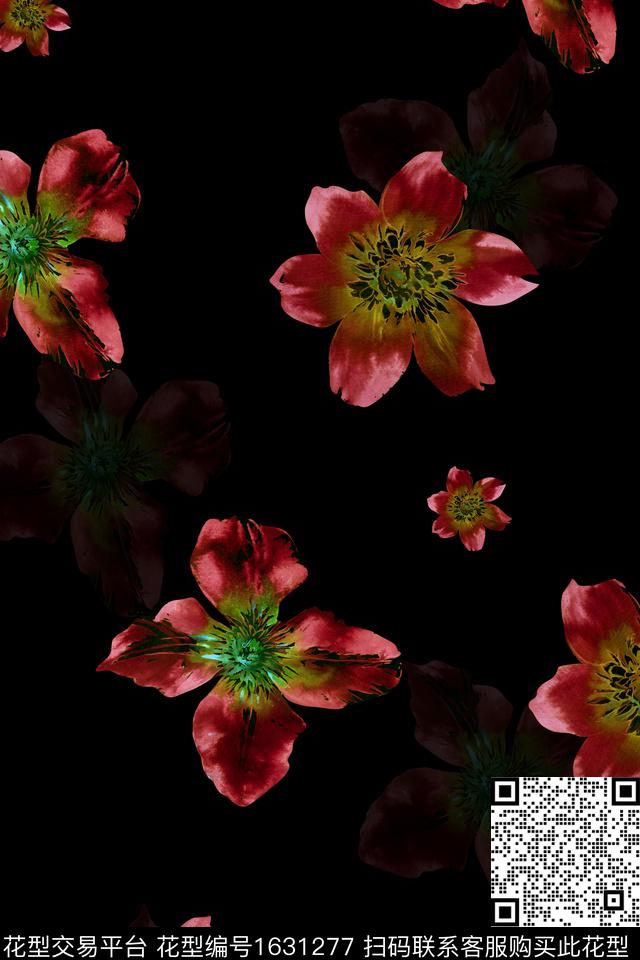 黑底花卉花卉水彩花卉数码印花花型下载（图片编号: 1631277） - 瓦栏（Walan）