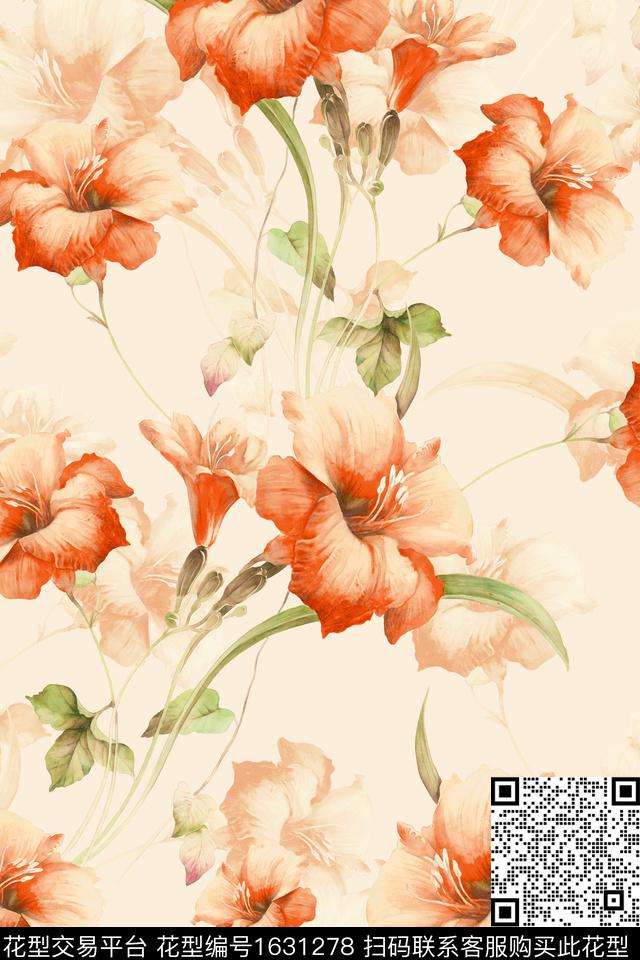 水彩花卉影花花卉数码印花花型下载（图片编号: 1631278） - 瓦栏（Walan）