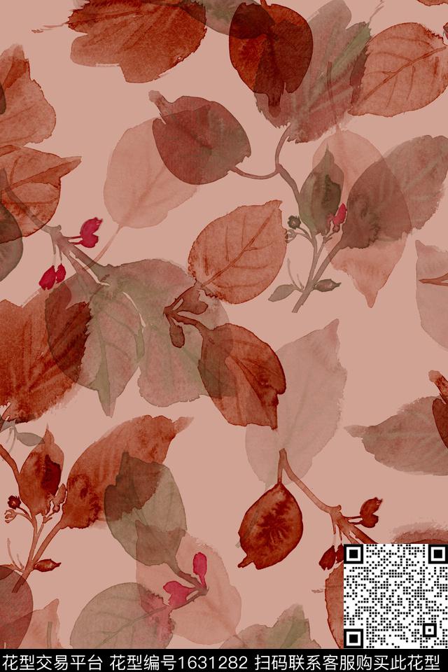 水彩叶子绿植树叶数码印花花型下载（图片编号: 1631282） - 瓦栏（Walan）