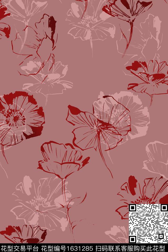 花卉简约剪影数码印花花型下载（图片编号: 1631285） - 瓦栏（Walan）