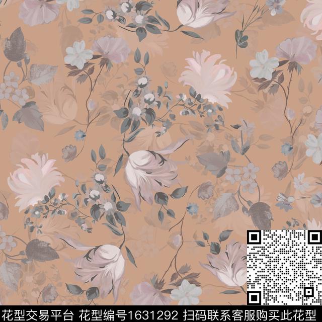 花卉复古影花数码印花花型下载（图片编号: 1631292） - 瓦栏（Walan）