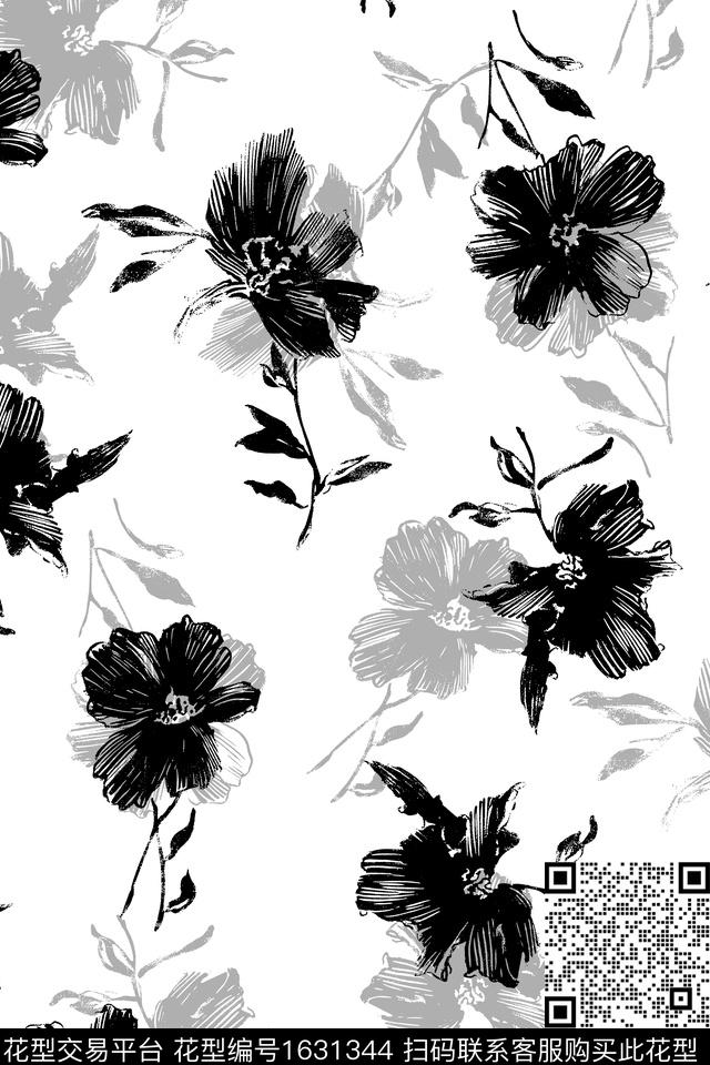 花卉黑白花卉影花数码印花花型下载（图片编号: 1631344） - 瓦栏（Walan）