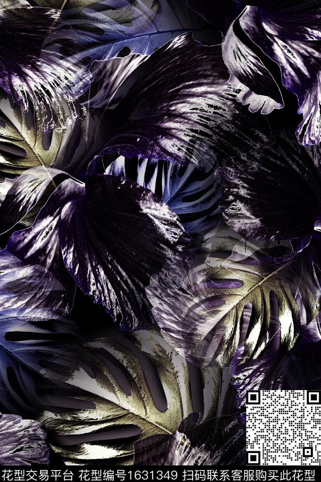 中老年热带花型黑底数码印花花型下载（图片编号: 1631349） - 瓦栏（Walan）