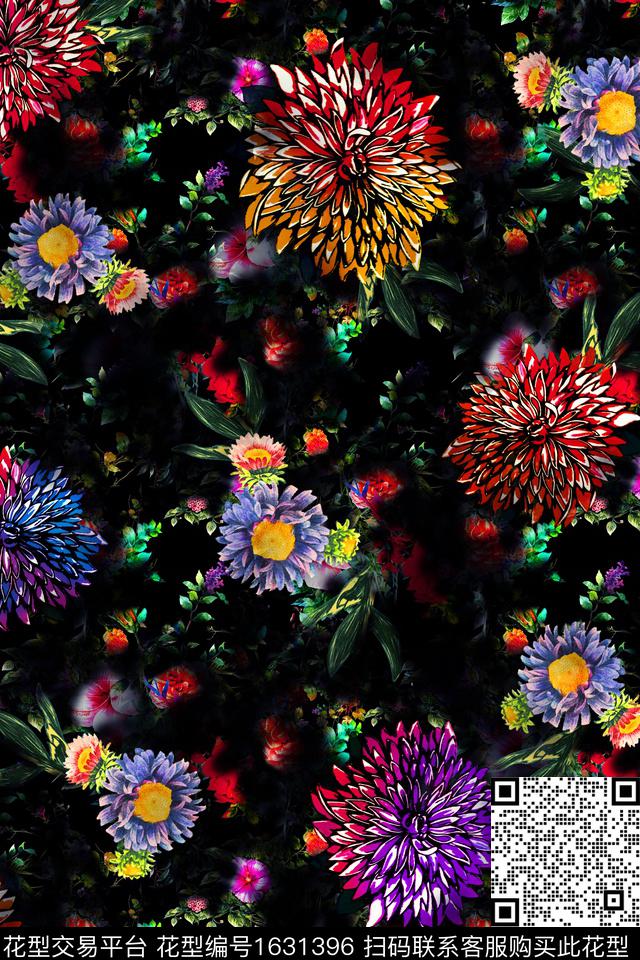 黑底花卉花卉中老年数码印花花型下载（图片编号: 1631396） - 瓦栏（Walan）