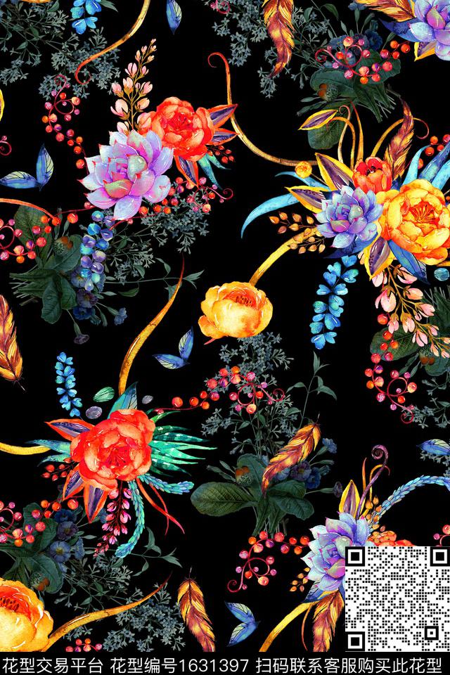 黑底花卉花卉中老年数码印花花型下载（图片编号: 1631397） - 瓦栏（Walan）