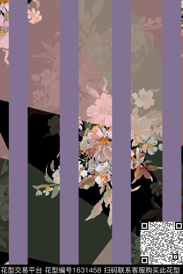 条纹几何花卉数码印花花型下载（图片编号: 1631458） - 瓦栏（Walan）