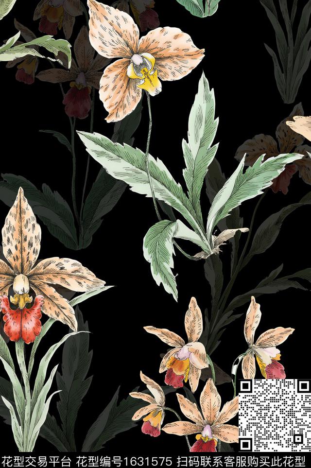 黑底花卉水彩花卉影花数码印花花型下载（图片编号: 1631575） - 瓦栏（Walan）
