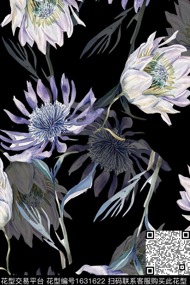 水彩花卉大花黑底花卉数码印花花型下载（图片编号: 1631622） - 瓦栏（Walan）
