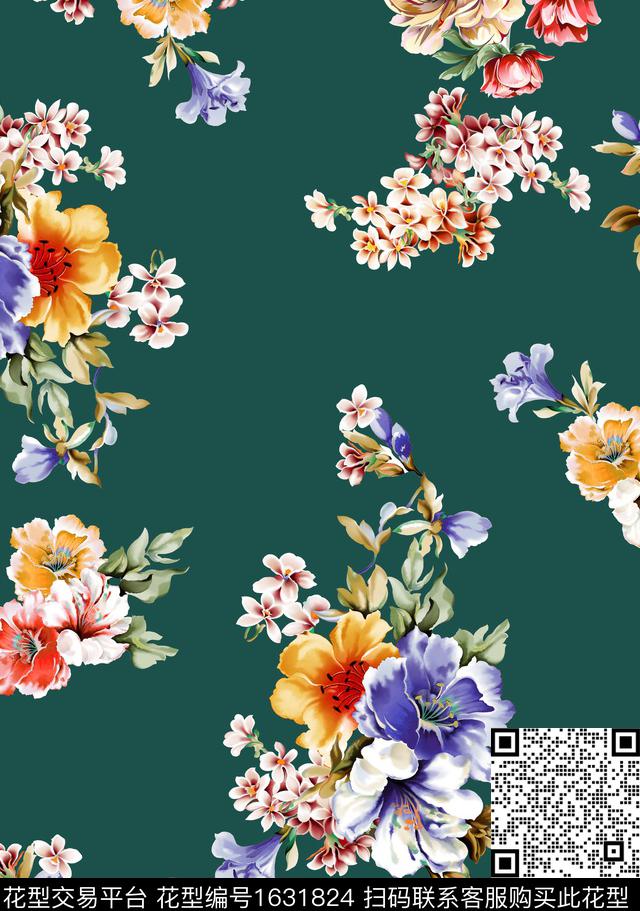 花卉水彩花卉清爽底花卉数码印花花型下载（图片编号: 1631824） - 瓦栏（Walan）
