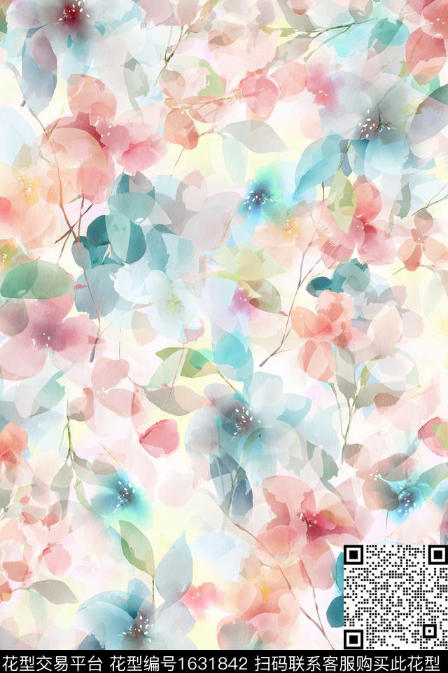 水彩花卉花卉烂花数码印花花型下载（图片编号: 1631842） - 瓦栏（Walan）