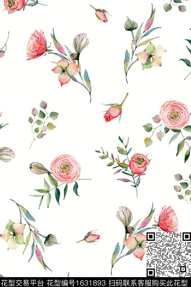 年轻女装白底花花卉数码印花花型下载（图片编号: 1631893） - 瓦栏（Walan）