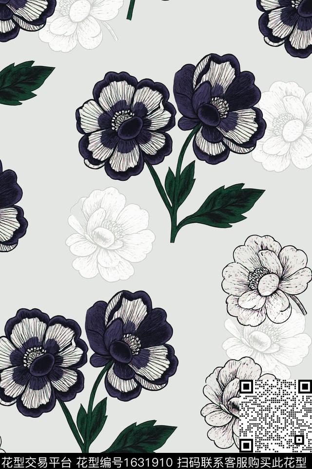花卉影花大花数码印花花型下载（图片编号: 1631910） - 瓦栏（Walan）