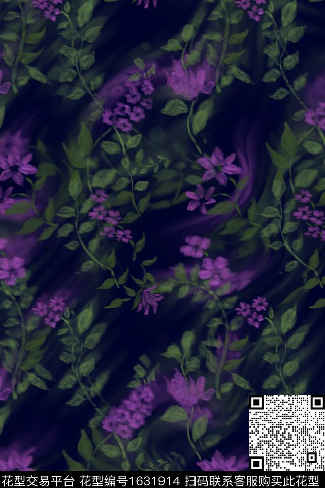 花卉笔触朦胧花卉数码印花花型下载（图片编号: 1631914） - 瓦栏（Walan）