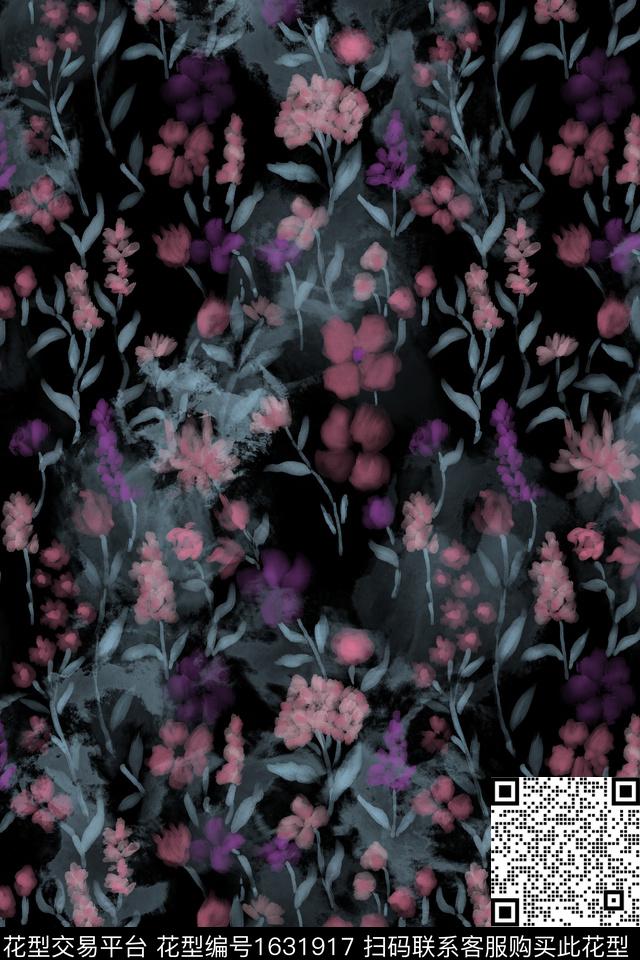 黑底花卉花卉水彩数码印花花型下载（图片编号: 1631917） - 瓦栏（Walan）
