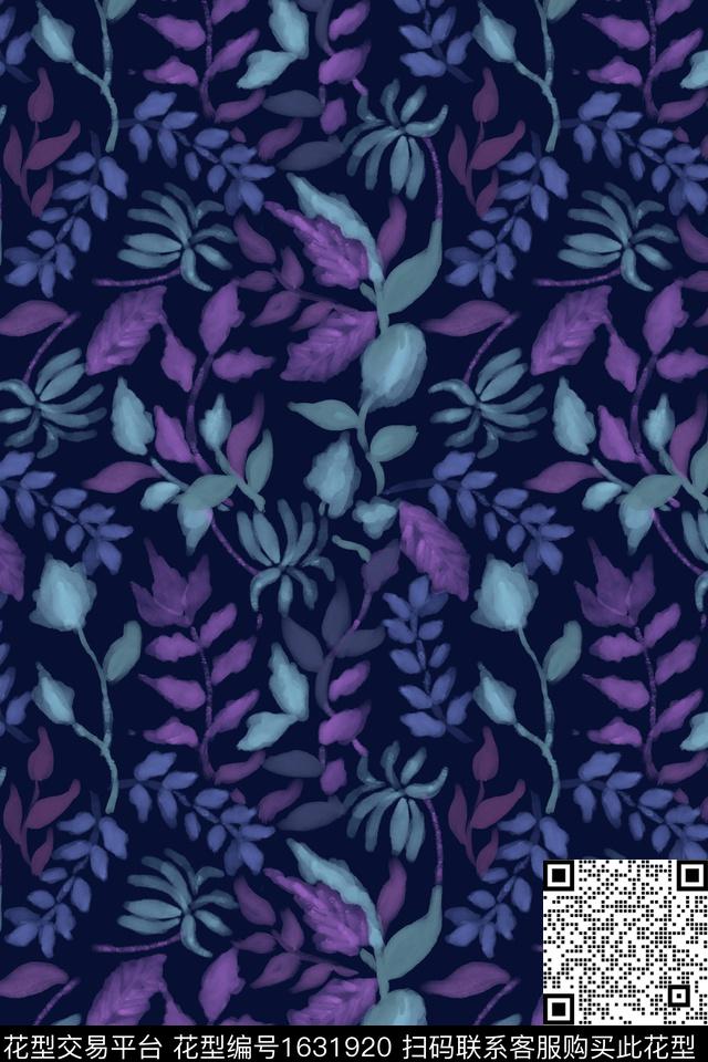 黑底花卉花卉笔触数码印花花型下载（图片编号: 1631920） - 瓦栏（Walan）