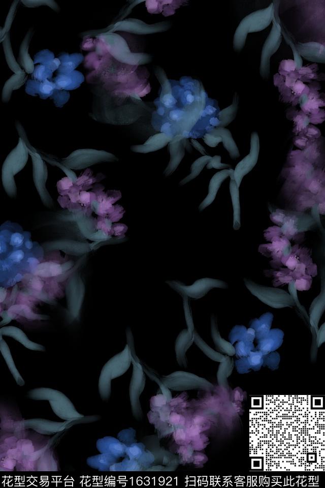 黑底花卉花卉笔触数码印花花型下载（图片编号: 1631921） - 瓦栏（Walan）