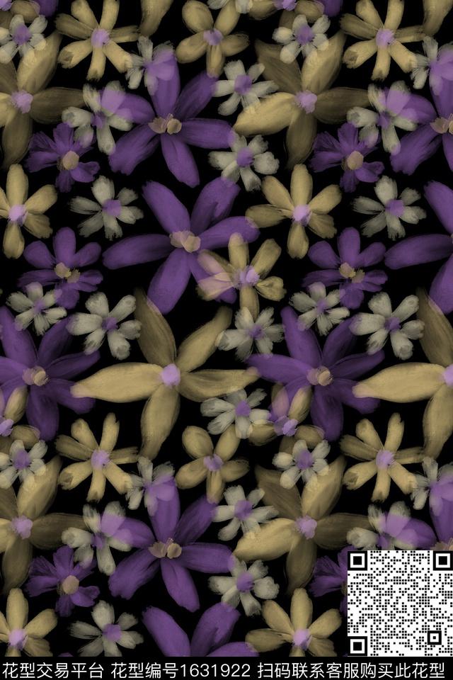 黑底花卉花卉水彩数码印花花型下载（图片编号: 1631922） - 瓦栏（Walan）