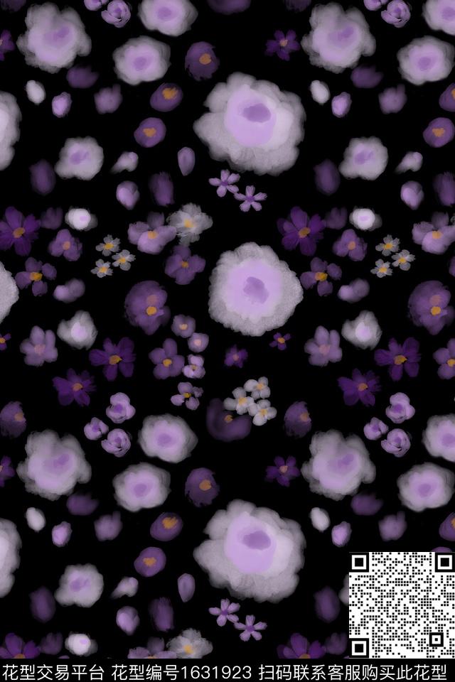 黑底花卉花卉水彩数码印花花型下载（图片编号: 1631923） - 瓦栏（Walan）