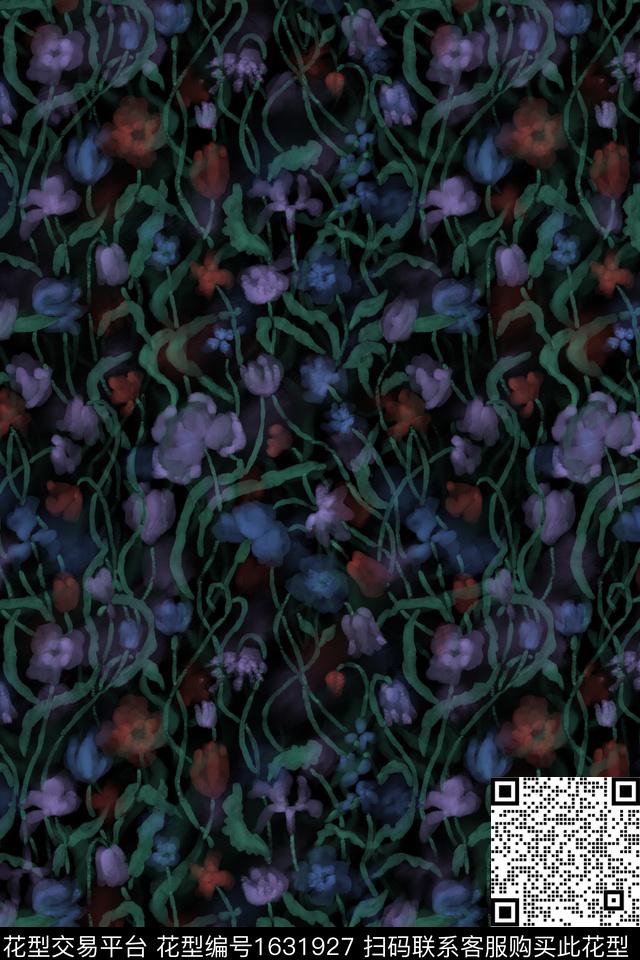 黑底花卉花卉小碎花数码印花花型下载（图片编号: 1631927） - 瓦栏（Walan）