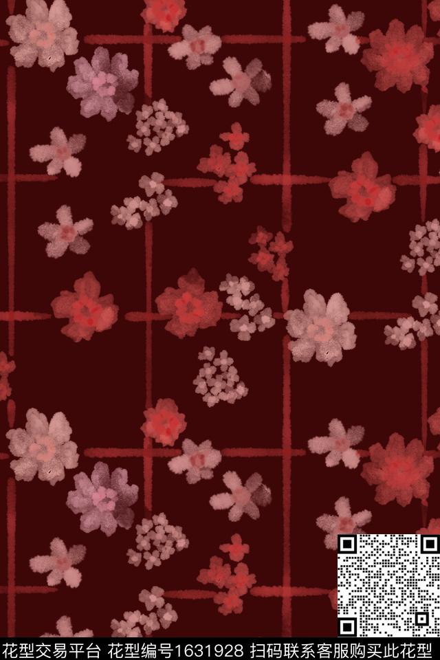花卉水彩格子数码印花花型下载（图片编号: 1631928） - 瓦栏（Walan）