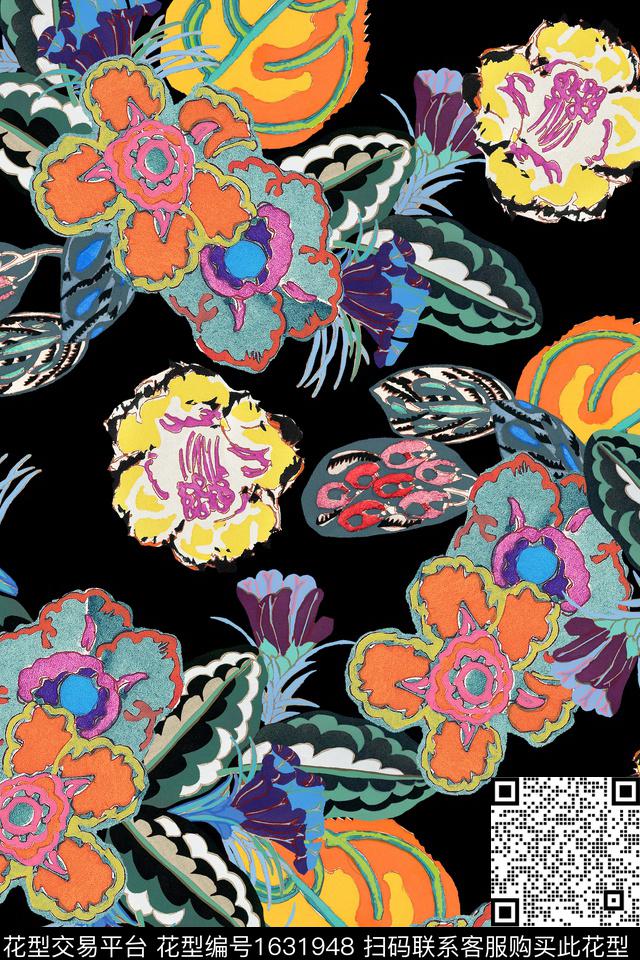 花卉黑底花卉抽象花卉数码印花花型下载（图片编号: 1631948） - 瓦栏（Walan）