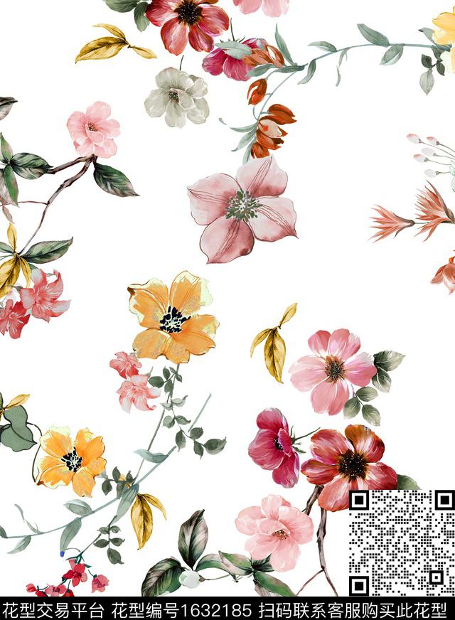 水彩花卉白底花小清新数码印花花型下载（图片编号: 1632185） - 瓦栏（Walan）