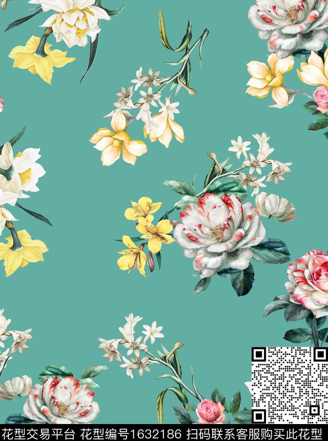 水彩花卉花卉清爽底花卉数码印花花型下载（图片编号: 1632186） - 瓦栏（Walan）