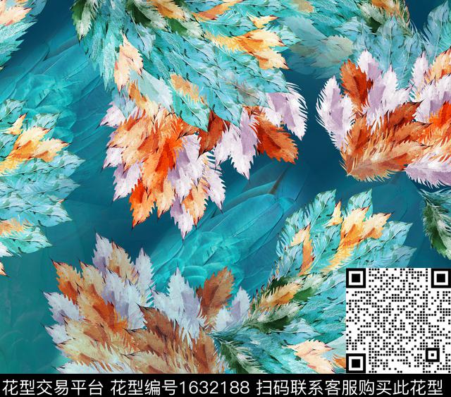 抽象叶子羽毛数码印花花型下载（图片编号: 1632188） - 瓦栏（Walan）