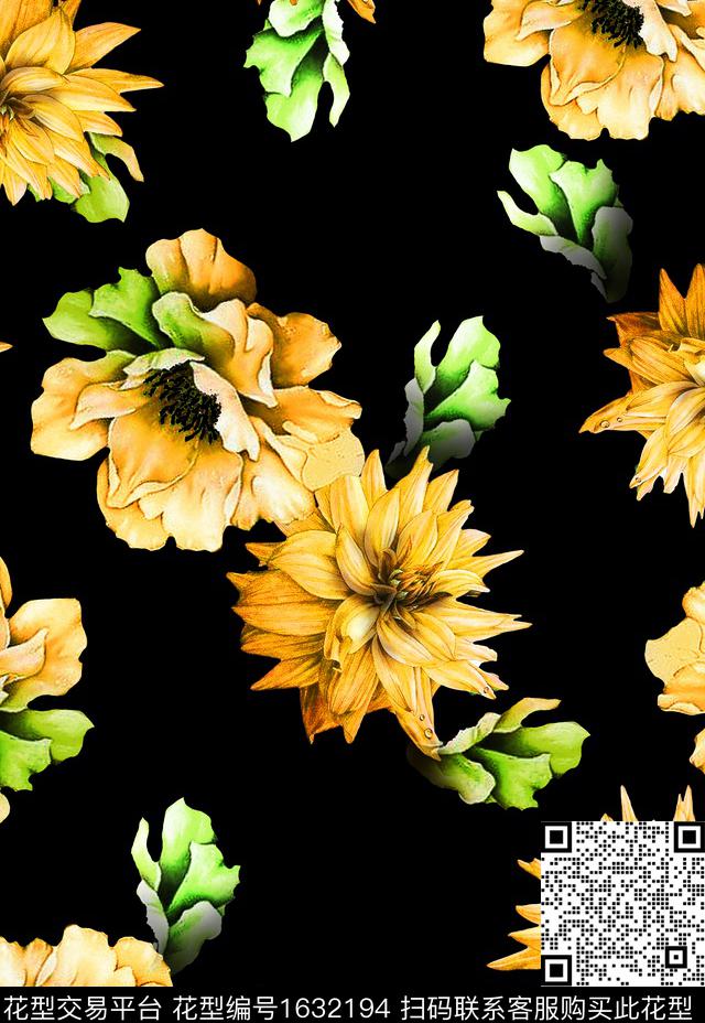 花卉黑底花卉水彩花卉数码印花花型下载（图片编号: 1632194） - 瓦栏（Walan）