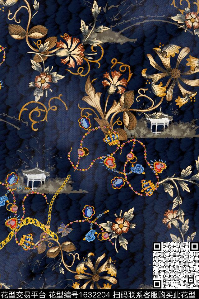 建筑花卉中老年数码印花花型下载（图片编号: 1632204） - 瓦栏（Walan）