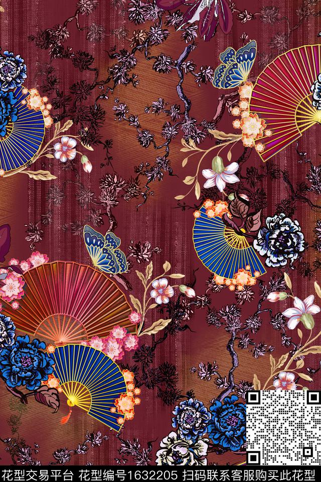 中国风花卉扇子数码印花花型下载（图片编号: 1632205） - 瓦栏（Walan）