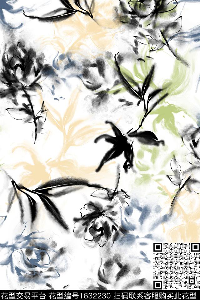 花卉水彩花卉水墨风数码印花花型下载（图片编号: 1632230） - 瓦栏（Walan）