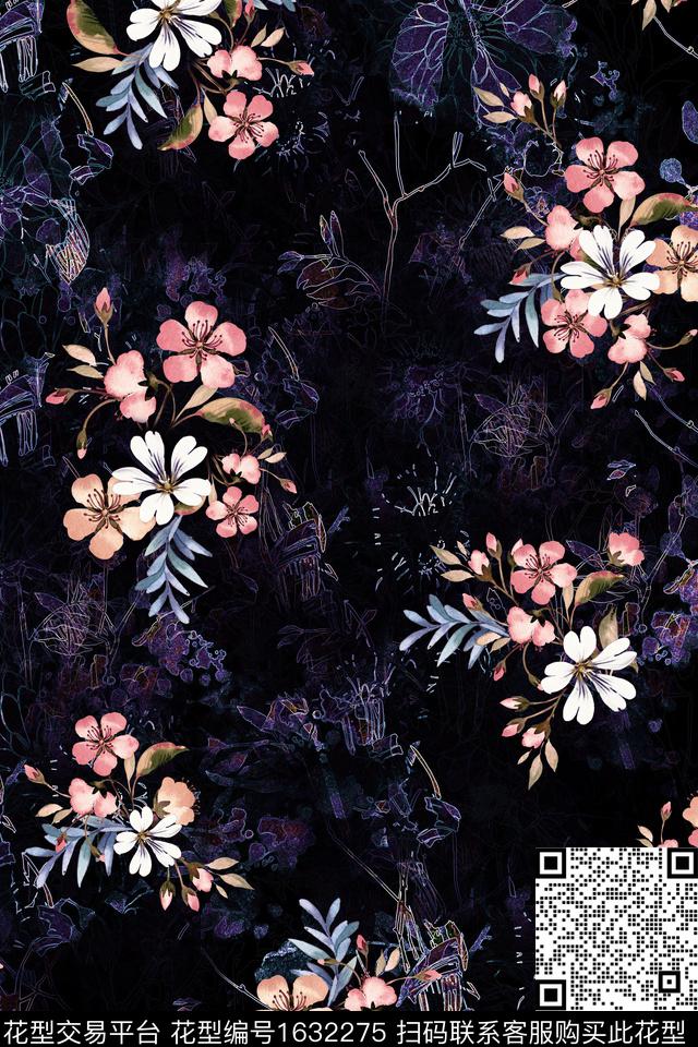 花卉水彩花卉抽象底纹数码印花花型下载（图片编号: 1632275） - 瓦栏（Walan）