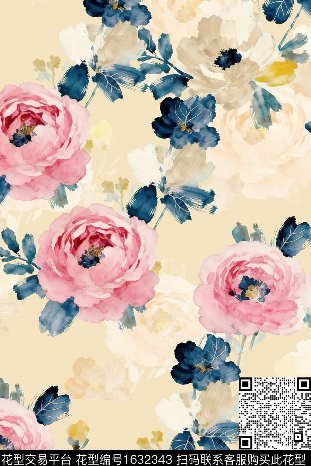 花卉水彩花卉影花数码印花花型下载（图片编号: 1632343） - 瓦栏（Walan）