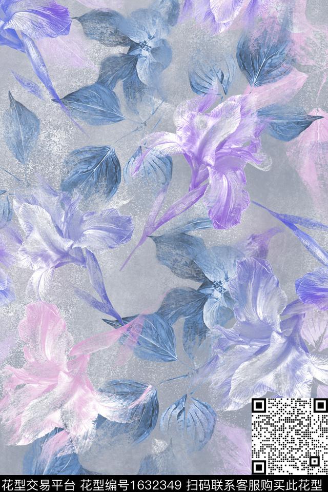 花卉鸢尾水彩花卉数码印花花型下载（图片编号: 1632349） - 瓦栏（Walan）