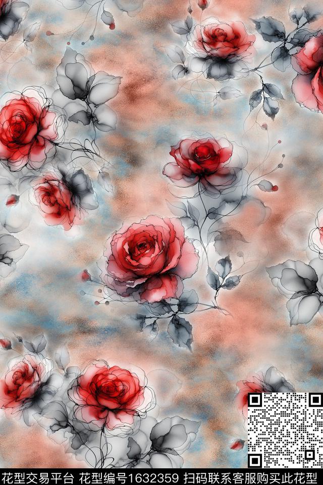 花卉水彩花卉水墨风数码印花花型下载（图片编号: 1632359） - 瓦栏（Walan）