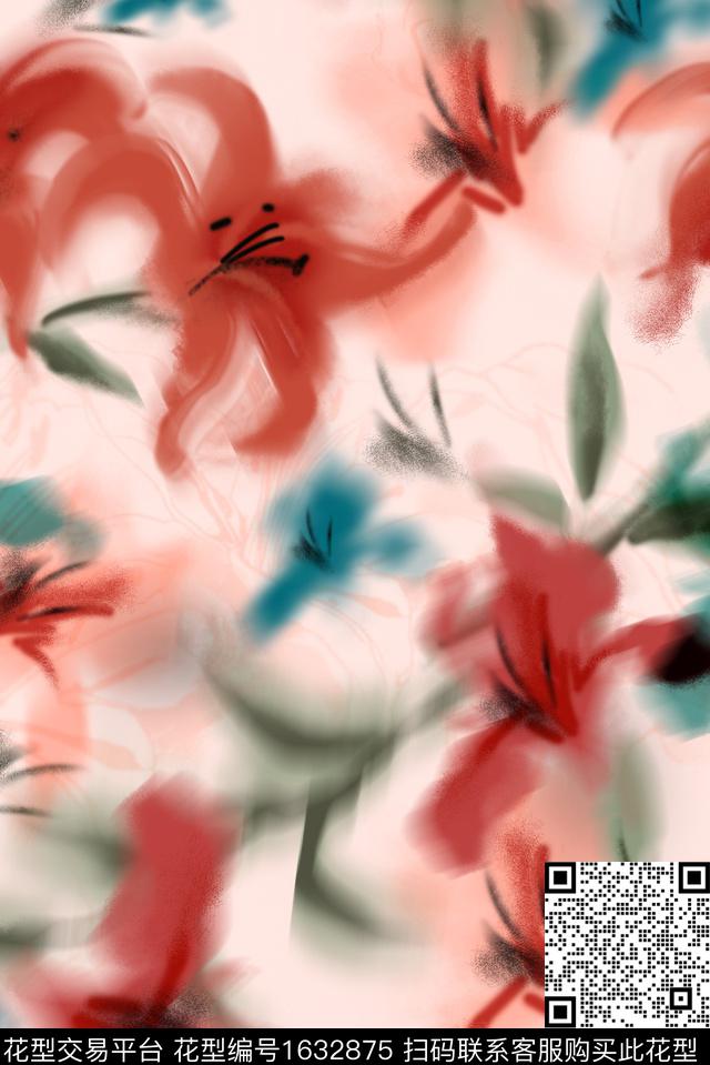 花卉水彩花卉朦胧花卉数码印花花型下载（图片编号: 1632875） - 瓦栏（Walan）